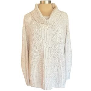 Lands' End Chunky Cable Knit Turtleneck Sweater Tunic Size M Marled‎ Cream Color